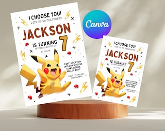 Pikachu bearbeitbare und druckbare Geburtstagseinladung | Tolle Pokémon-Sammelkartenvorlage | Premium Geburtstagseinladungen | Bearbeitbar in Canva