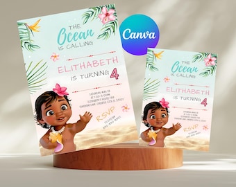 Baby Moana Geburtstagseinladung, bearbeitbare digitale Hawaiian Moana Geburtstag einladen, Kinder Thema Party Einladung, digitale Baby Moana Vorlage