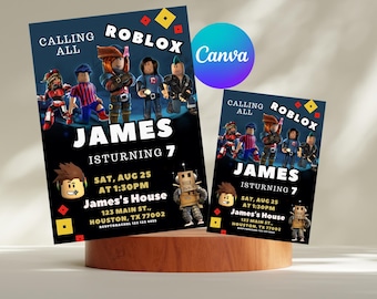 Roblox Invitation, Roblox Invite, Game Party, Roblox Boys Birthday Invitation Template, Game Birthday, Kids Roblox, Editable Template, Canva