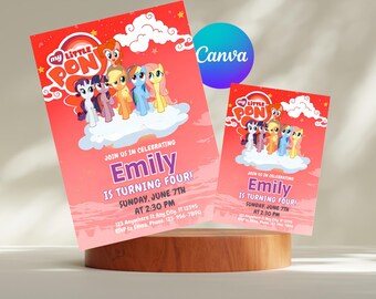 Invitación de cumpleaños editable de unicornio y poni para niñas, invitación de My Little Pony, plantilla de invitación de cumpleaños infantil imprimible