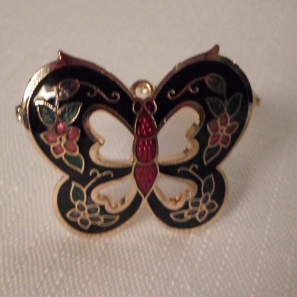 CLOISONNE SCARF CLIP / Butterfly & Flowers / Floral Scarves Loop / Ascot Clip / Necklace Clasp / Rare / Chic / Vintage / Jewelry Accessory