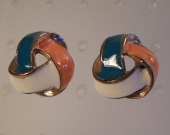 COLORFUL PIERCED EARRINGS / Orange, Aqua & White Enamel / Gold / Fashionista / Chic / Hip / Retro / Modernist / Vintage Jewelry Accessories