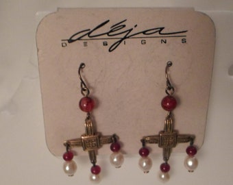 CELTIC CROSS EARRINGS / Gold Irish Knots / Faux Pearls / Lucite Garnet Beads / Designer / New-on-Card / Vintage / Chic / Jewelry Accessories