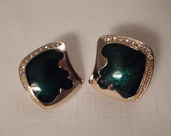 ROXAN PIERCED EARRINGS / Teal Enamel & Rhinestone / Asymmetrical / Art Moderne / Designer / Unsigned / Chic / Vintage / Jewelry Accessories