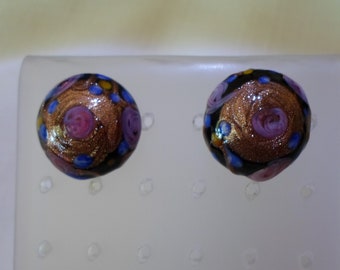 VENETIAN MILLEFIORI EARRINGS / Pierced / "Wedding Cake" / Glass / Posts / Studs / Black / Pink / Gold / Retro / Hand Blown / Rare / Jewelry