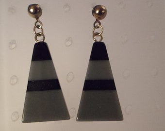 STRIPED LUCITE EARRINGS / Pierced / Dangles / Drops / Posts / Studs / Black & Gray / Layered / Laminated / Retro / Hip Jewelry / Accessories