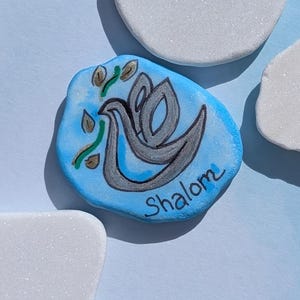 Shalom Dove Peace Stone- Hand-Painted Jewish Memorial Rock. Soulful Remembrance & Keepsake. Word Shalom written in Hebrew or English