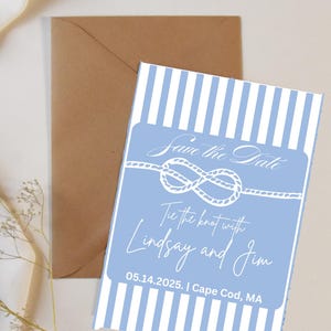 Nautical Save the Date Template – Tie the Knot Wedding Invite – Coastal Cape Cod Theme – Editable Digital Download – Blue & White