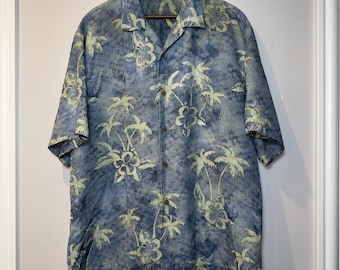 TOMMY BAHAMA Mens M Shirt 100% Silk Button Front Blue Green Palm Trees EUC ***