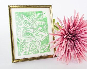 Botanical Linocut Relief Print - Signed Edition of 25 in Vintage Frame, Grass Green Ink on Natural Tone Japanese Paper