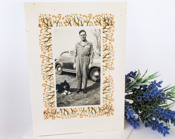 Vintage Photo Greeting Card of Man With Car and Dog, Handmade One of a Kind Blank Card