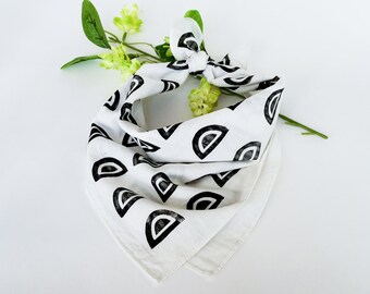 Block Printed Bandana With Black Half-Circles on White Cotton