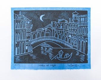 Venice Linocut Relief Print - Signed Edition of 17, Black Ink on Blue Moriki Japanese Paper