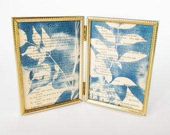 Botanical Cyanotypes in Vintage Diptych Frame, Alternative Photo Process on Vintage Book Pages, Floral & Leaf Motif