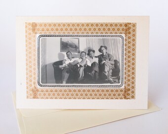 Old Photo Greeting Card of Four Friends on a Couch, Handmade One of a Kind Card