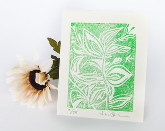 Botanical Linocut Relief Print - Signed Edition of 25, Grass Green Ink on Natural Tone Japanese Paper