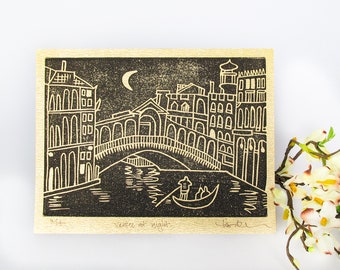 Venice Linocut Relief Print - Signed Edition of 14, Black Ink on Metallic Gold Shimmer Paper
