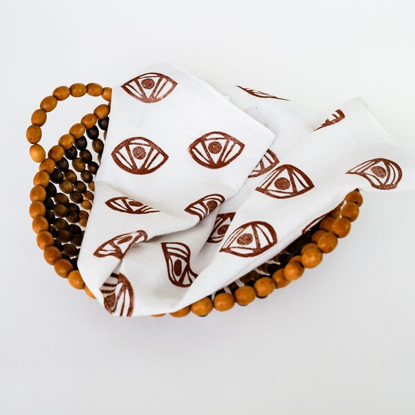 Handmade Block Printed Bandana With Brown Eye Pattern on White Cotton