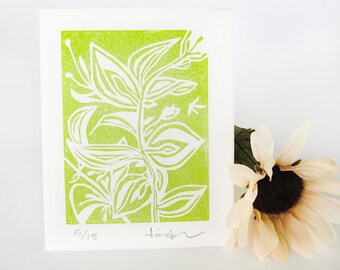 Botanical Linocut Relief Print - Signed Edition of 15, Lime Green Ink on Natural Tone Japanese Paper