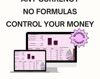 May include: A computer monitor and laptop display a financial spreadsheet with charts and data. Text at the top reads "ANY CURRENCY, NO FORMULAS, CONTROL YOUR MONEY." A pink starburst graphic says "BEGINNERS FRIENDLY." The bottom text says "SAVE MORE FOR FUTURE."