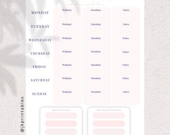 May include: A weekly workout tracker with a light beige background. The top of the page reads "WEEKLY WORKOUT TRACKER" in navy blue. The tracker includes sections for each day of the week, with spaces for workout, duration, and notes. There are also sections for goals and motivation.