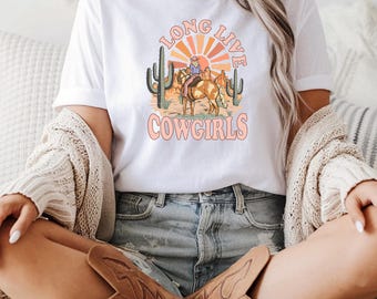 Long Live Cowgirls Western Graphic Tee | Desert Sunset Cactus Horse Rider Shirt