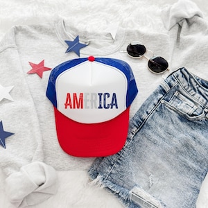 Red White and Blue America Foam Trucker Hat – Patriotic 4th of July Hat, USA Flag Hat, Retro Mesh Cap, Summer BBQ Hat, Independence Day Hat