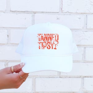 Tanned and Tipsy Trucker Hat – White and Orange Foam Hat, Summer Beach Hat, Bachelorette Party Hat, Girls Trip Hat, Funny Vacation Hat