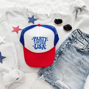 Party in the USA Trucker Hat – Red White and Blue Foam Hat, Patriotic 4th of July Hat, USA Flag Hat, Summer BBQ Hat, America Party Hat