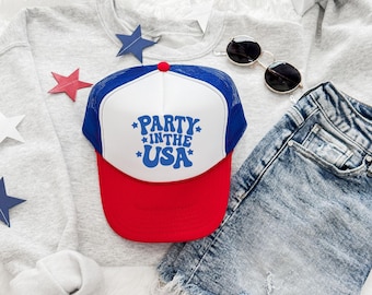 Cappello da camionista "Party in the USA" / Cappello per il 4 luglio / Cappello patriottico / Cappello rosso, bianco e blu / Cappello per la festa USA / Abbigliamento per il Giorno dell'Indipendenza
