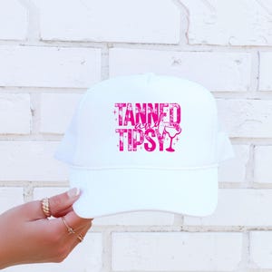 Tanned and Tipsy Trucker Hat – White and Pink Foam Hat, Summer Beach Hat, Bachelorette Party Hat, Girls Trip Hat, Funny Vacation Hat