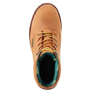 May include: Tan work boot with red and yellow laces. The boot has a brown sole and a green and brown patterned interior. The word "WATERPROOF" is printed on the side of the boot.