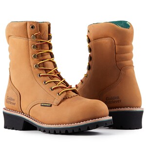 May include: A pair of tan leather work boots with black soles and yellow and red laces. The boots have the words "Golden Retriever" printed on the side and are labeled "Waterproof".