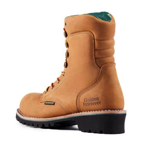May include: Tan leather work boot with a black sole and a green and black patterned collar. The boot has a waterproof label and the words "Golden Retriever" printed on the side. The laces are red and yellow.