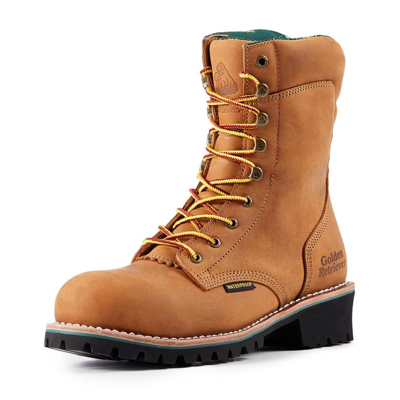 May include: A tan leather work boot with a high ankle. The boot features yellow and red laces, metal eyelets, and a black sole with a green trim. The words "Golden Retriever" and "Waterproof" are visible.