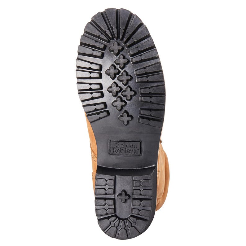 May include: Close-up of the sole of a tan work boot with a black rubber tread. The tread features a pattern of cross-shaped and rectangular lugs for grip. The boot has the words "Golden Retriever" embossed on the sole.