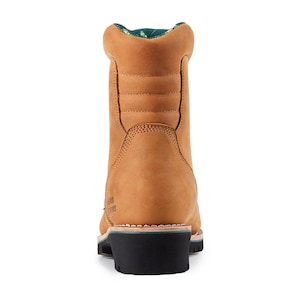 May include: A tan work boot with a black sole and a green and white patterned interior. The boot has a padded collar and a stitched design on the upper. The heel is approximately 2 inches high.