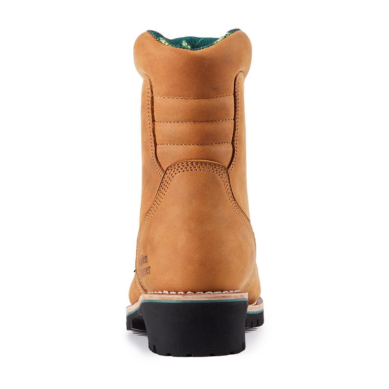 May include: A tan work boot with a black sole and a green and white patterned interior. The boot has a padded collar and a stitched design on the upper. The heel is approximately 2 inches high.