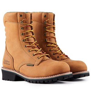 May include: A pair of tan leather work boots with yellow and red laces. The boots have a waterproof label and the words "Golden Retriever" printed on the side. The soles are black with a green and white trim.