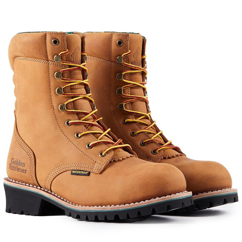 May include: A pair of tan leather work boots with yellow and red laces. The boots have a waterproof label and the words "Golden Retriever" printed on the side. The soles are black with a green and white trim.
