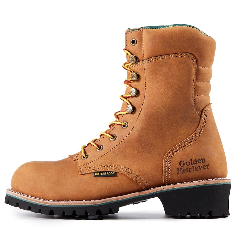 May include: A tan leather work boot with yellow and red laces. The boot has a waterproof label and the words "Golden Retriever" are printed on the side. The sole is black with a green and tan trim.