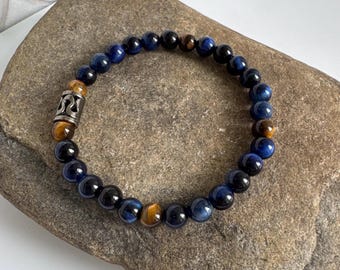 Men’s Blue & Brown Tiger’s Eye Bracelet, Natural Gemstone, Stretch, Grounding Protection Jewelry,  Beaded