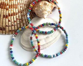Tiny Confetti Seed Bead Bracelet for Her - 3 Strand Multi-Color Beaded Layering Bracelet, Boho Minimalist Jewelry Gift