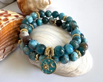 Apatite Gemstone Bracelet Set for Women | Blue Healing Stretch Boho Jewelry | Dainty Calming Gift for Her | Unique Wrist Stone Jewelry