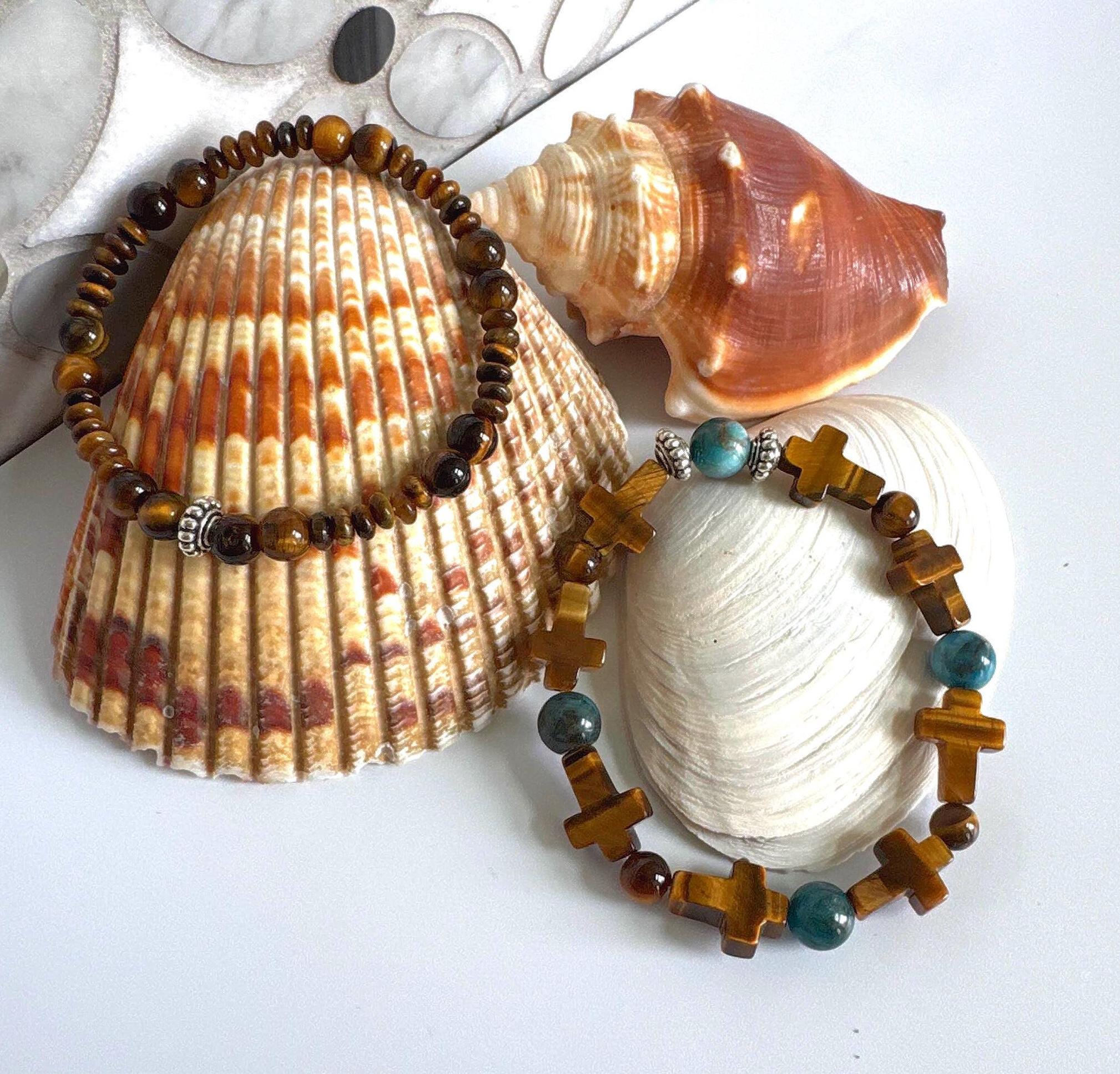 Tiger’s Eye Beaded Gemstone Bracelet with Turquoise Cross set, Spiritual Healing Jewelry, Men's and Women's Religious Bracelet Gift