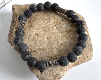 Men’s Lava Stone Bracelet, Dark Gray Volcanic Rock Beaded, Grounding Stretch, Natural Stone Jewelry, Gift