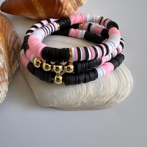 Pink Black White Beaded Bracelet with Clay Heishi and Gold Accents | Handmade Jewelry for Women, Everyday Wear, Gift Idea