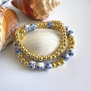 Blue & White Ceramic Beaded Bracelets: Gold Accent Stackable Jewelry