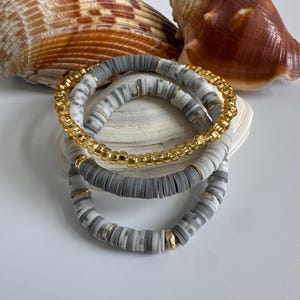 Gray Beaded Bracelet: Clay Heishi & Gold Accents, Handmade Jewelry