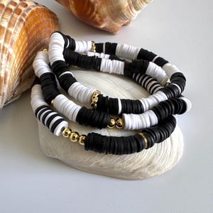 Black and White Beaded Bracelet with Clay Heishi & Gold Accents, Stylish Handmade Jewelry, Perfect Gift for Women Everyday Wear